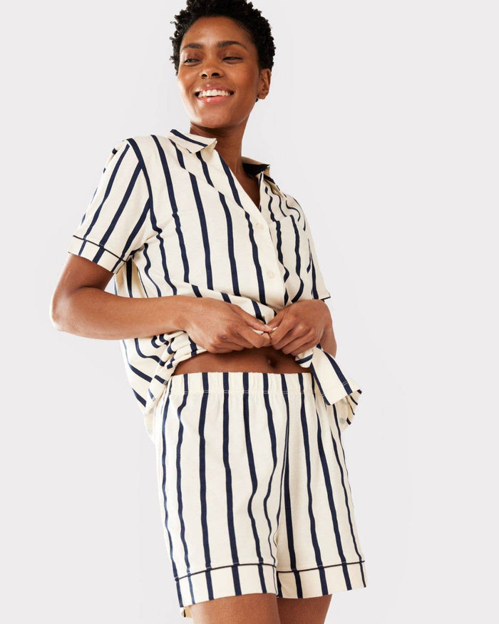 Organic Cotton Navy & Cream Stripe Print