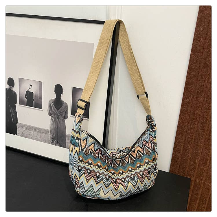 Medium Size Multicolour Zigzac Print Canvas Shoulder Bag