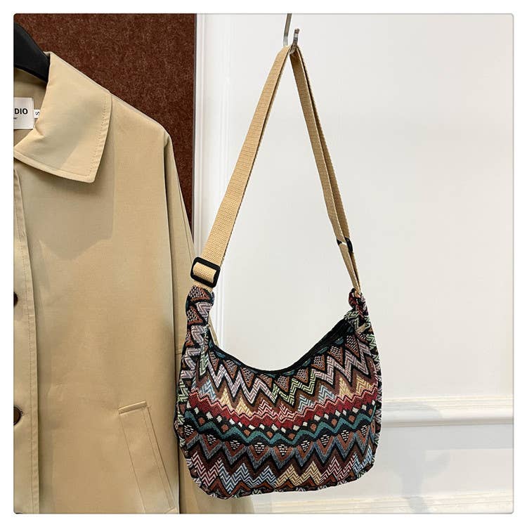 Medium Size Multicolour Zigzac Print Canvas Shoulder Bag