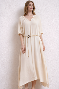Embellished V-Neck Midi Dress with Waist Tie