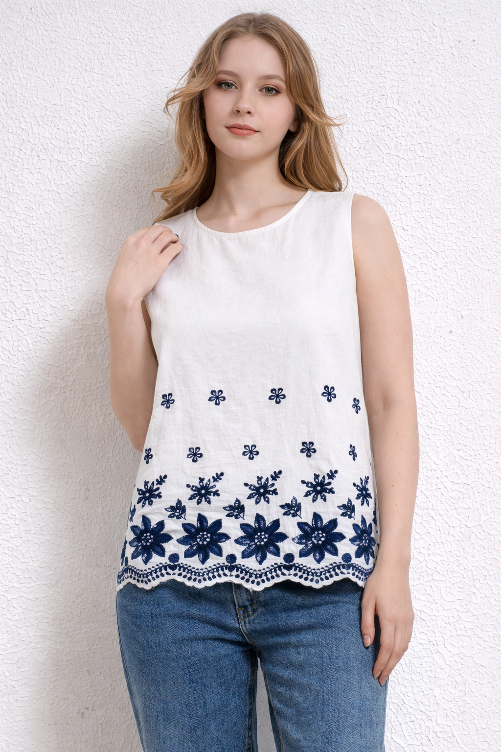 Linen Blend Embroidered Vest Top