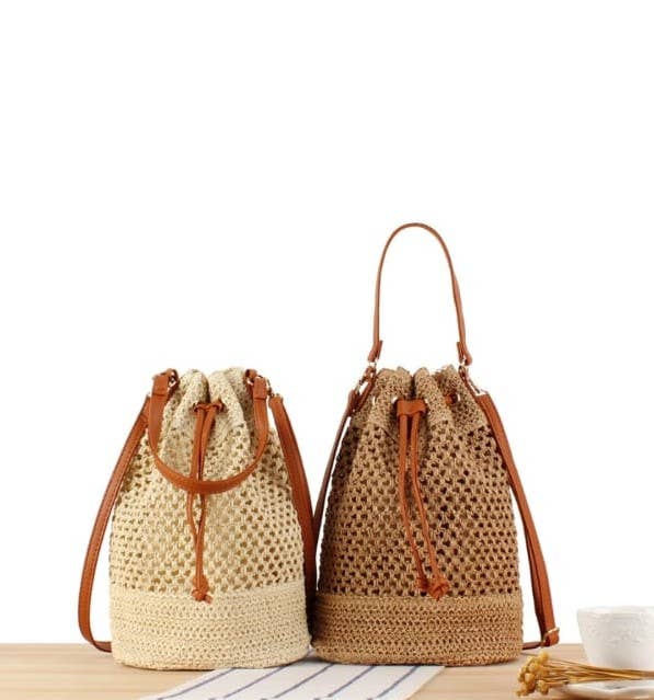 Medium Size Draw String Two-toned Paper Straw Bucket Bag
