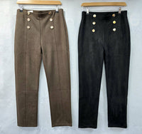 Gold Button Suedette Straight Leg Trousers