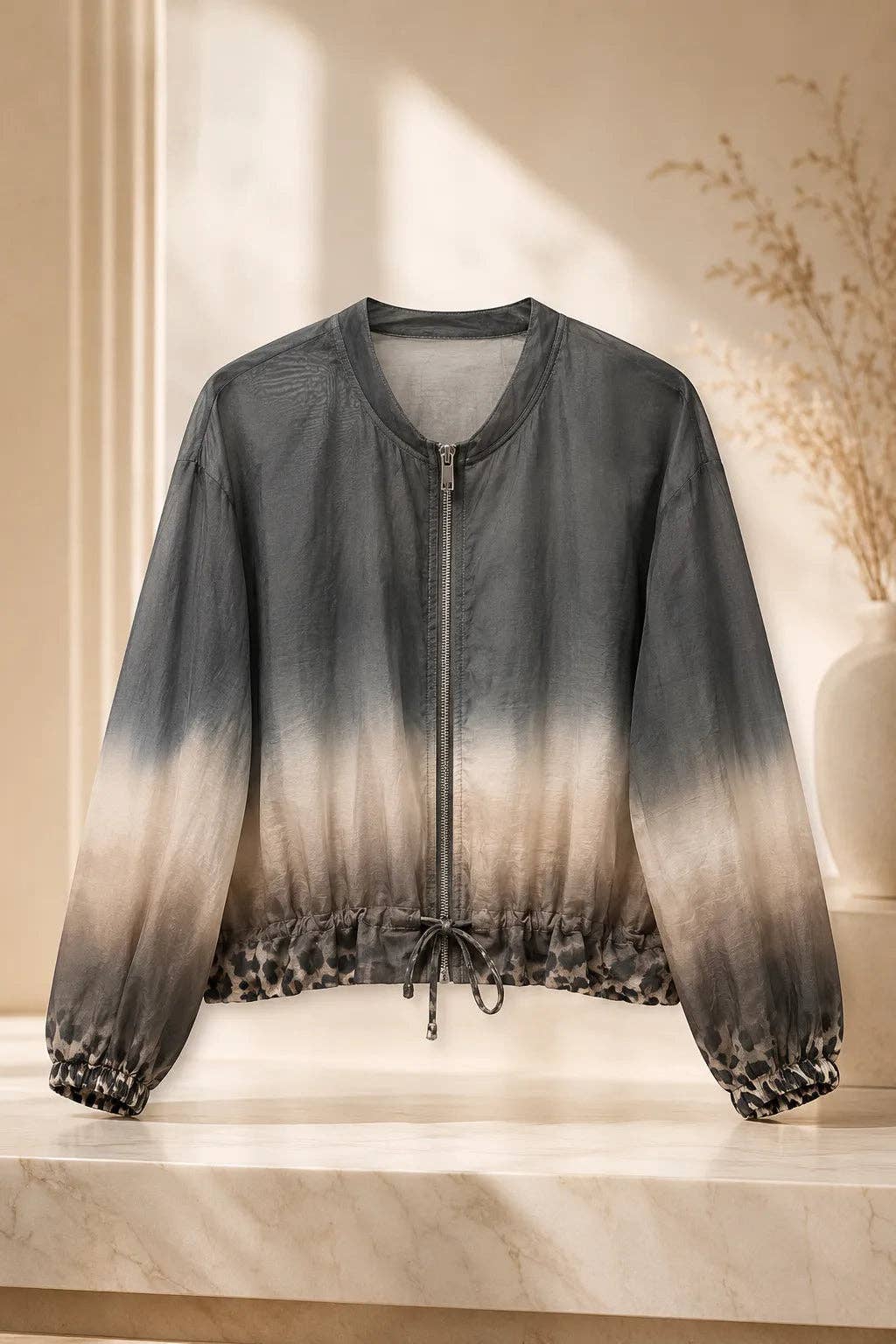 Italian Women’s Ombre Leopard Trim Zip Jacket