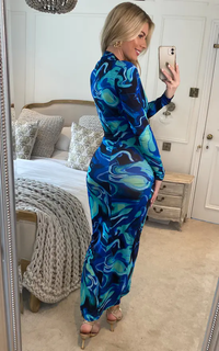Plunge Neck Faux Wrap Midi Dress in Blue Abstract