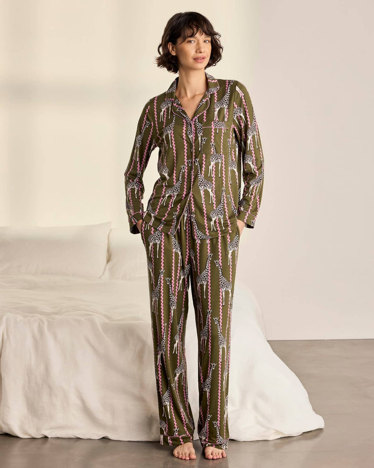 Wavy Stripe Giraffe Print Long Pyjama Set