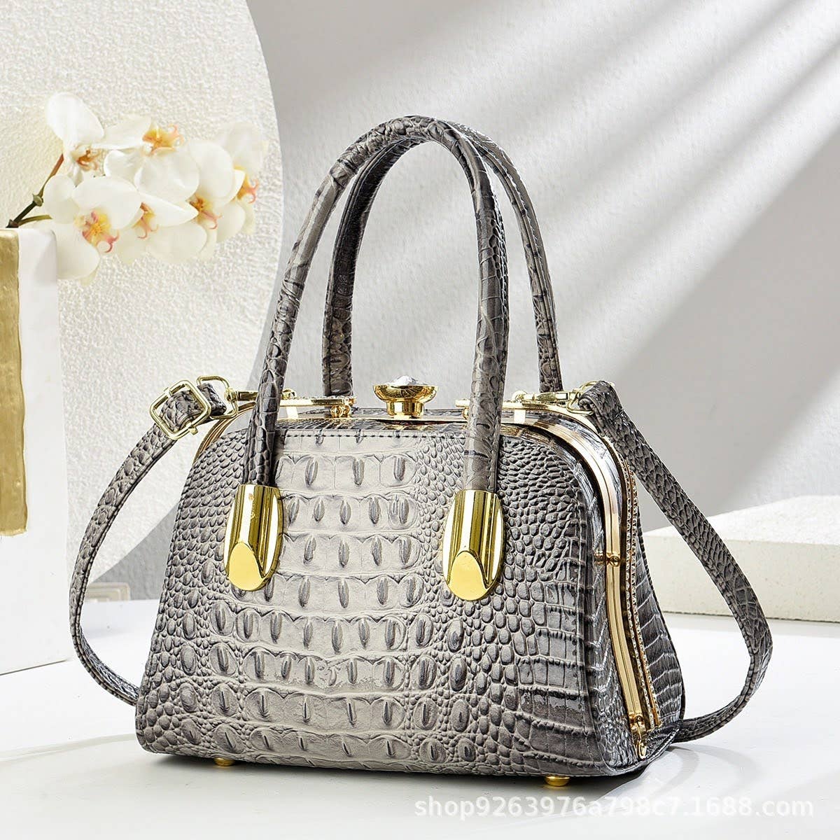 Small Medium Croc Pattern Diamante Top Handle Shiny Bag