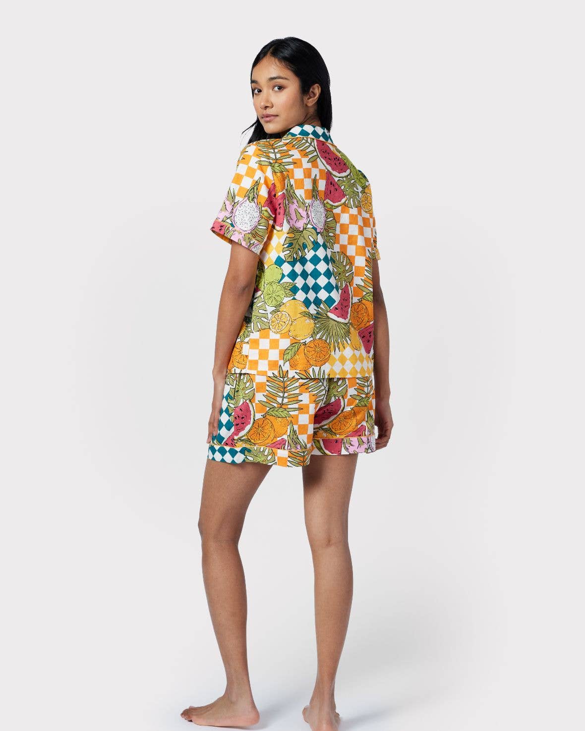 Chelsea Peers - Linen-Blend Fruit Checkerboard Print Short Pyjama Set