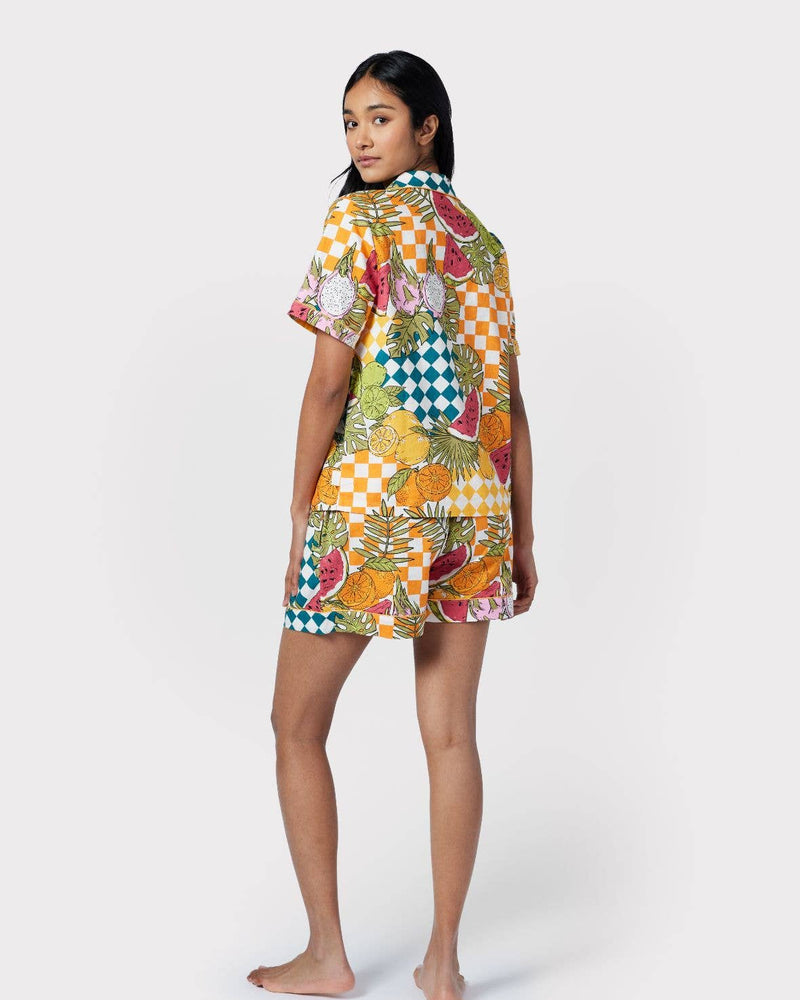 Chelsea Peers - Linen-Blend Fruit Checkerboard Print Short Pyjama Set