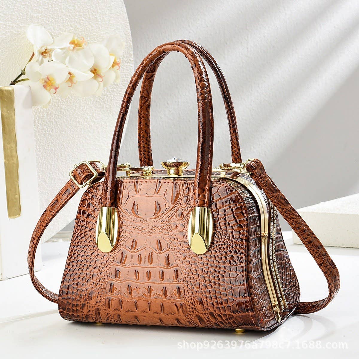 Small Medium Croc Pattern Diamante Top Handle Shiny Bag