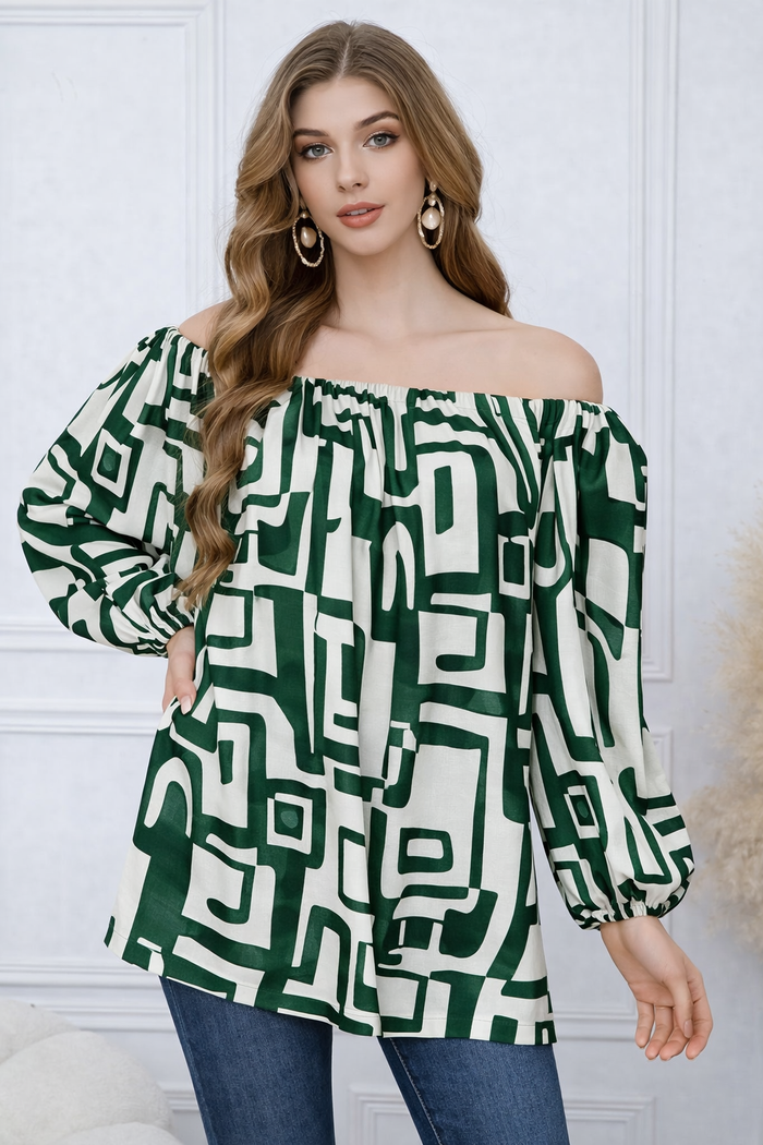 Abstract Print Linen Blend Off-Shoulder Top with Rhinestone 