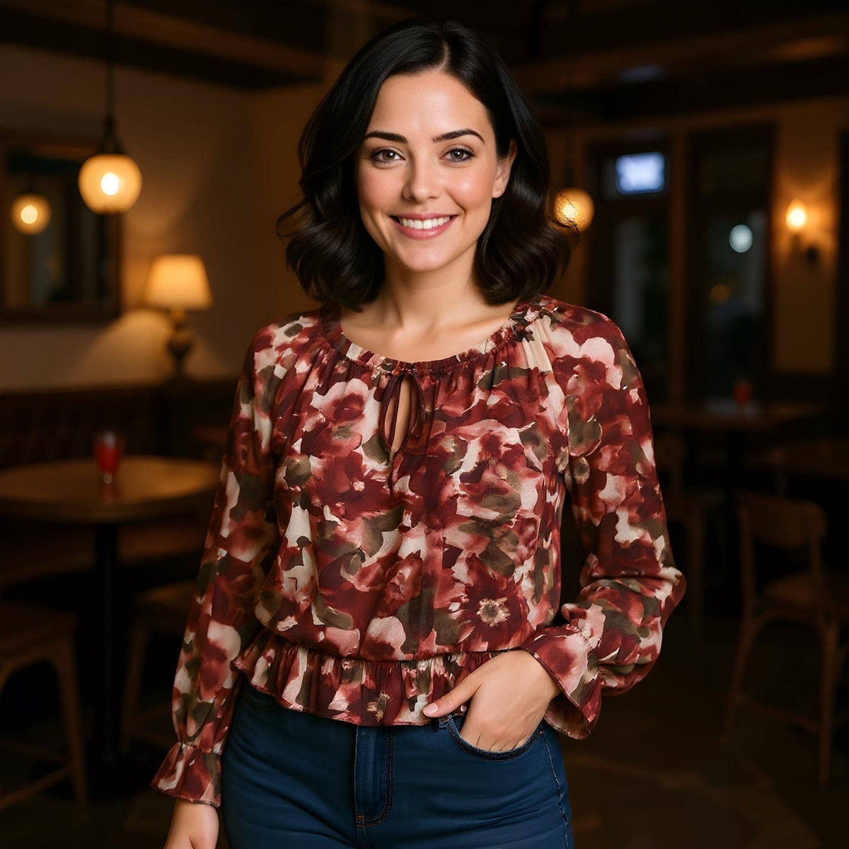 Abstract Floral Ruffle Bardot Blouse