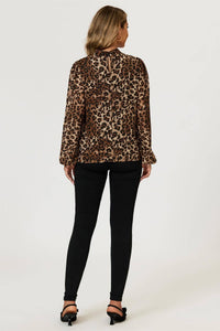 Leopard Print Foil Long Sleeve High Neck Top In Brown