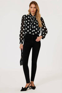 Dot Print Tie Detail long sleeve Blouse Top In Black