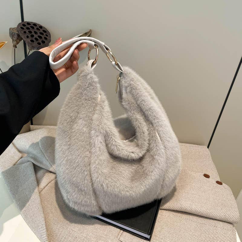 Medium Size Soft Faux Fur Bag Shoulder Bag - Available in Black & Grey