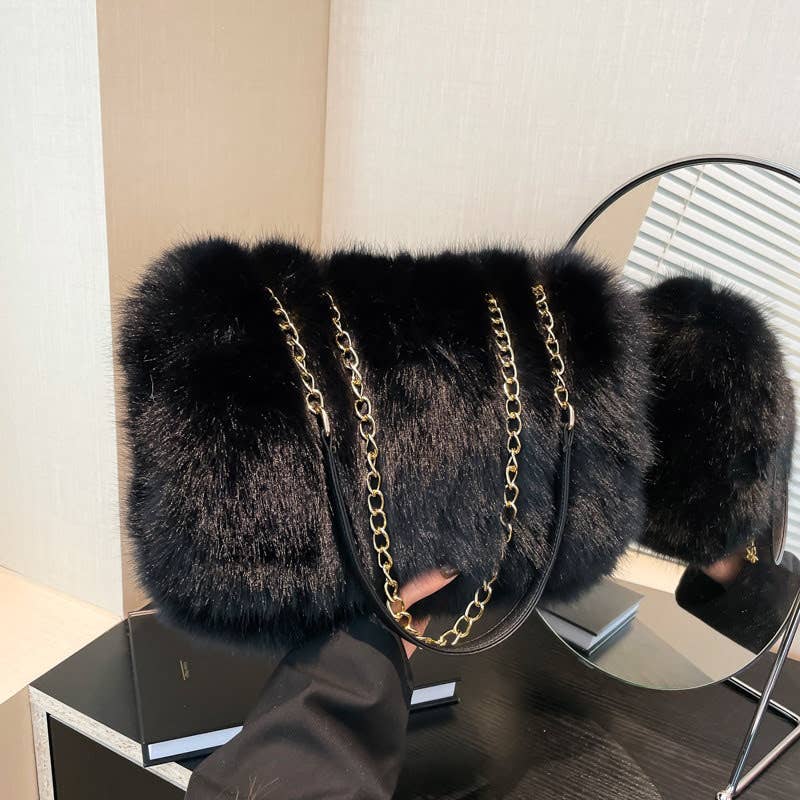 Faux Fur Flap Over Chain Strap Shoulder Bag