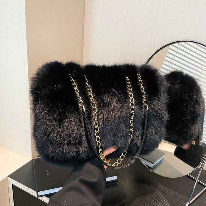 Faux Fur Flap Over Chain Strap Shoulder Bag