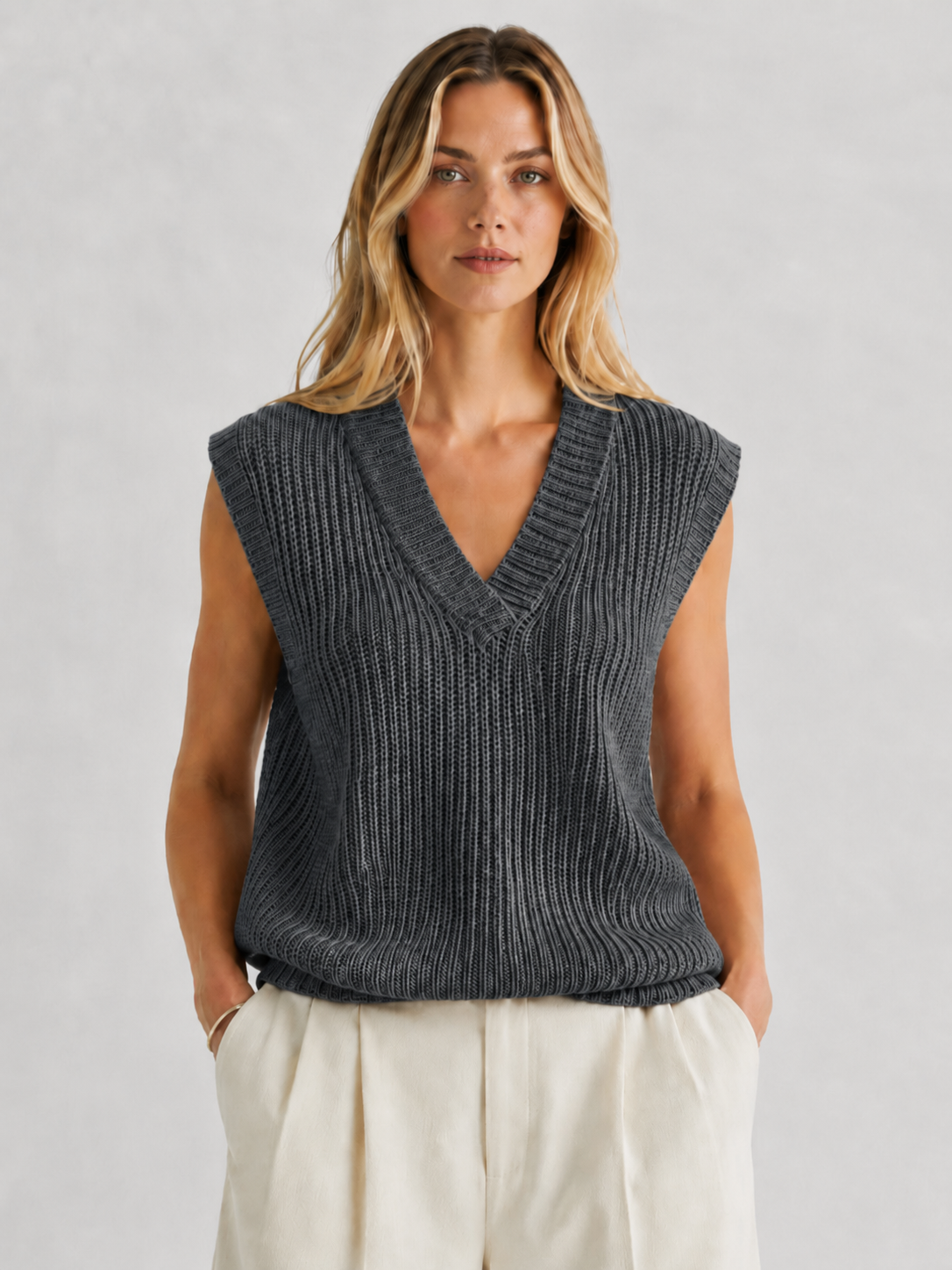 Ribbed V-Neck Knitted Vest
