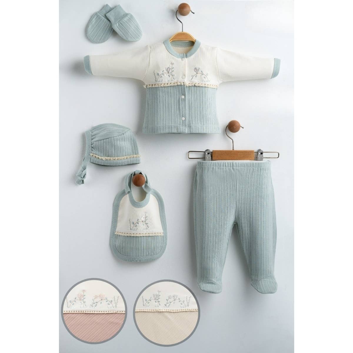 Newborn Girl 5-Piece Embroidered Bird & Flower Set (0–3 M)
