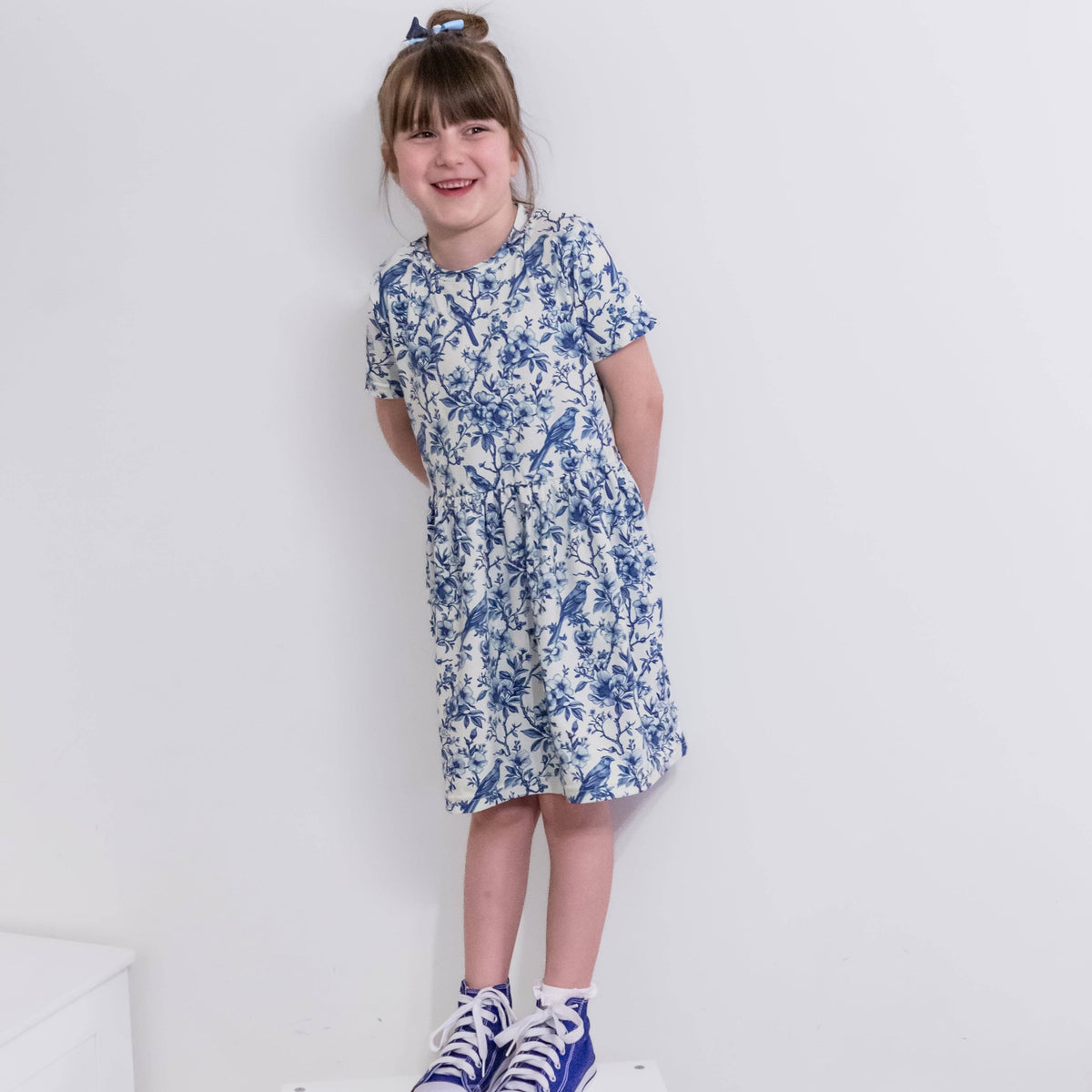 Girls Short Sleeve Cotton Dress - Willow Flower print