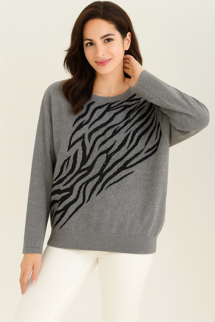 SOFT KNIT JUMPER WITH ZEBRA DESIGN AND RHINESTONES
