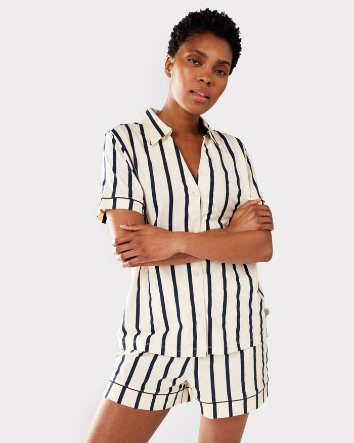 Organic Cotton Navy & Cream Stripe Print