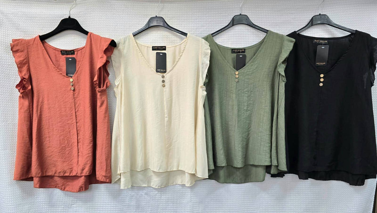 KM V Neck Button Frill Sleeve Top