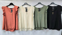 KM V Neck Button Frill Sleeve Top