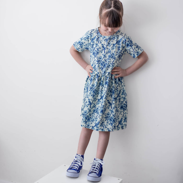 Girls Short Sleeve Cotton Dress - Willow Flower print