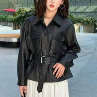 Edgy Faux Leather Belted Jacket in Black