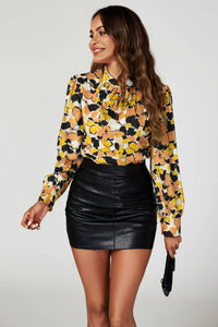Floral Print Long Sleeve High Neck Top In Yellow