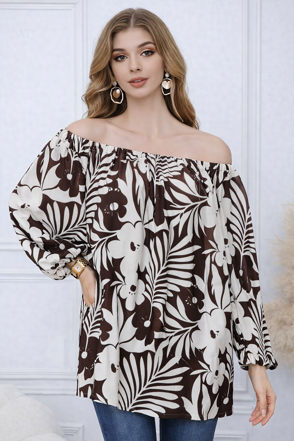 Floral Print Linen Blend Off-Shoulder Top with Rhinestone De