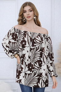 Floral Print Linen Blend Off-Shoulder Top with Rhinestone De
