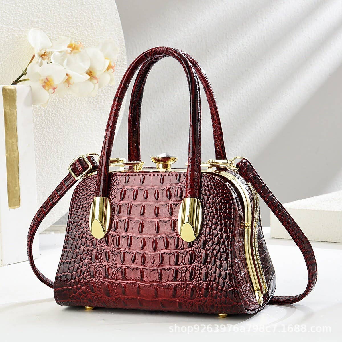 Small Medium Croc Pattern Diamante Top Handle Shiny Bag