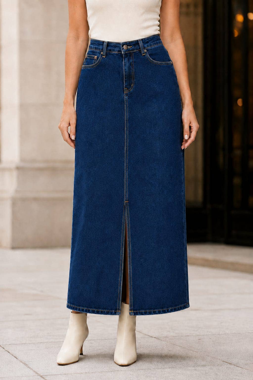 Voggo Classic Cotton Denim Slit Maxi Skirt