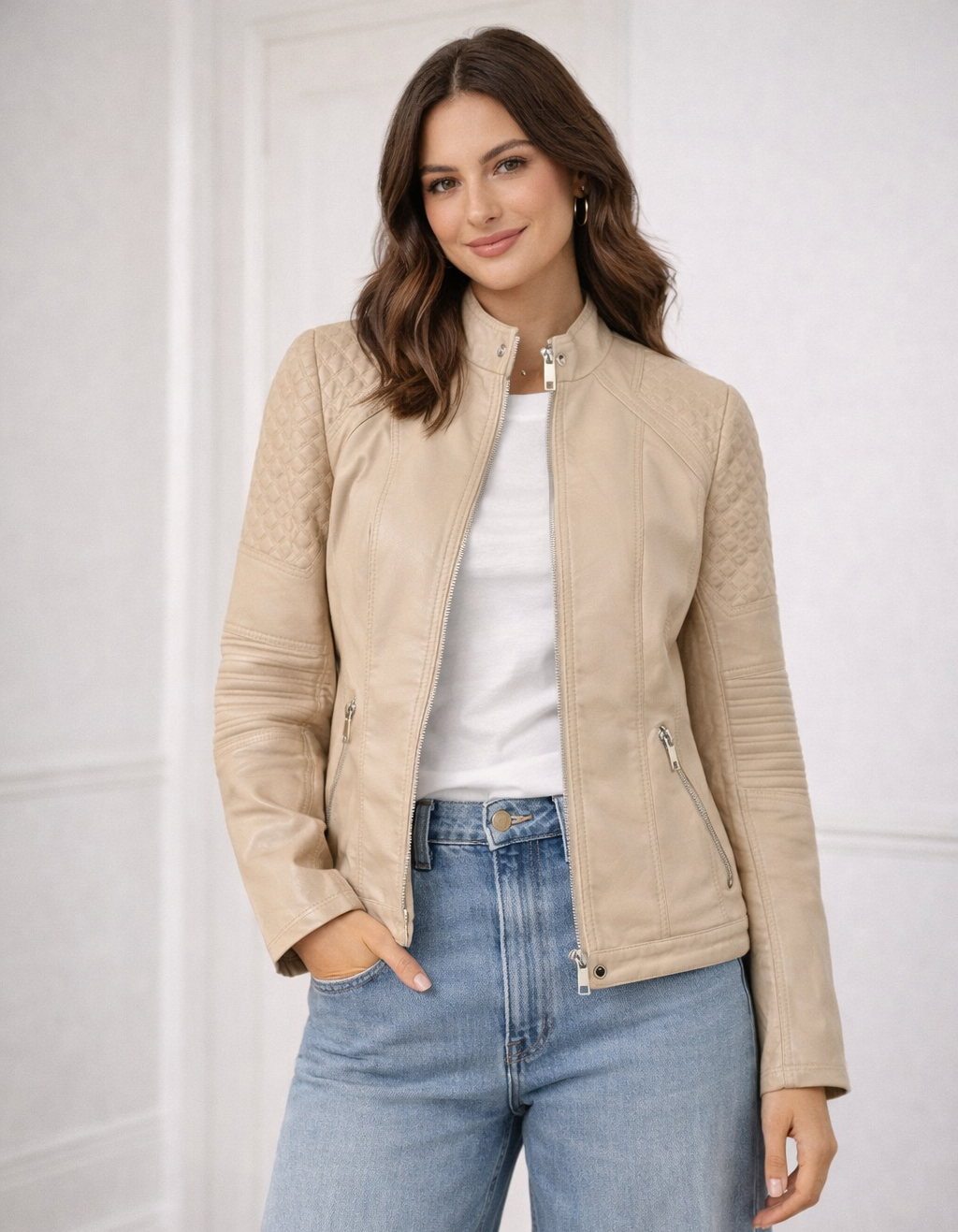 Beige Quilted Mandarin Neck Vegan Leather Jacket