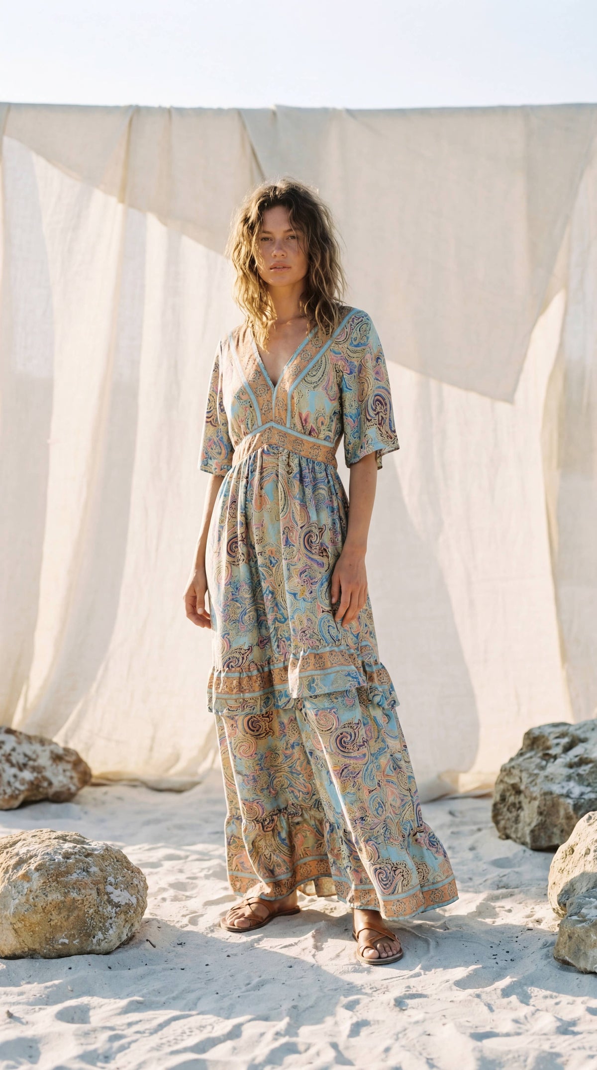 Boho Backless Summer Maxi Dress Romantic Paisley Gown