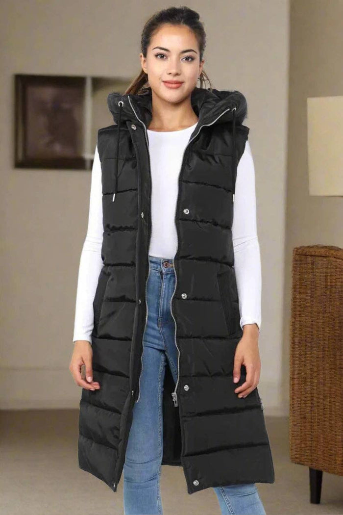 Ladies Girls Long Hooded Puffer Warm Padded Sleeveless Gilet Bodywarmer Zipper