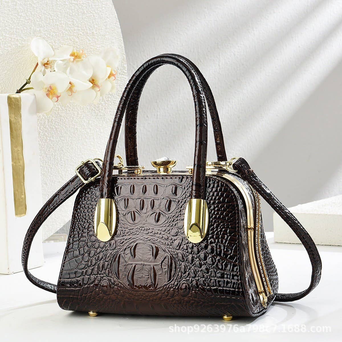 Small Medium Croc Pattern Diamante Top Handle Shiny Bag