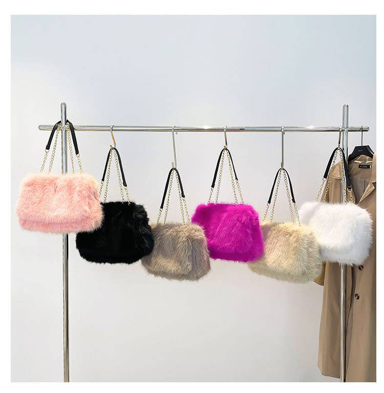 Faux Fur Flap Over Chain Strap Shoulder Bag