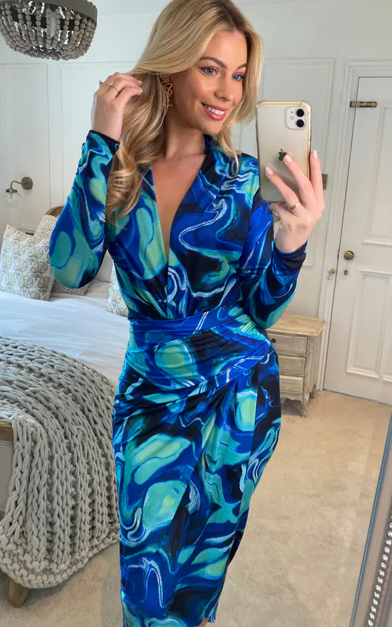Plunge Neck Faux Wrap Midi Dress in Blue Abstract