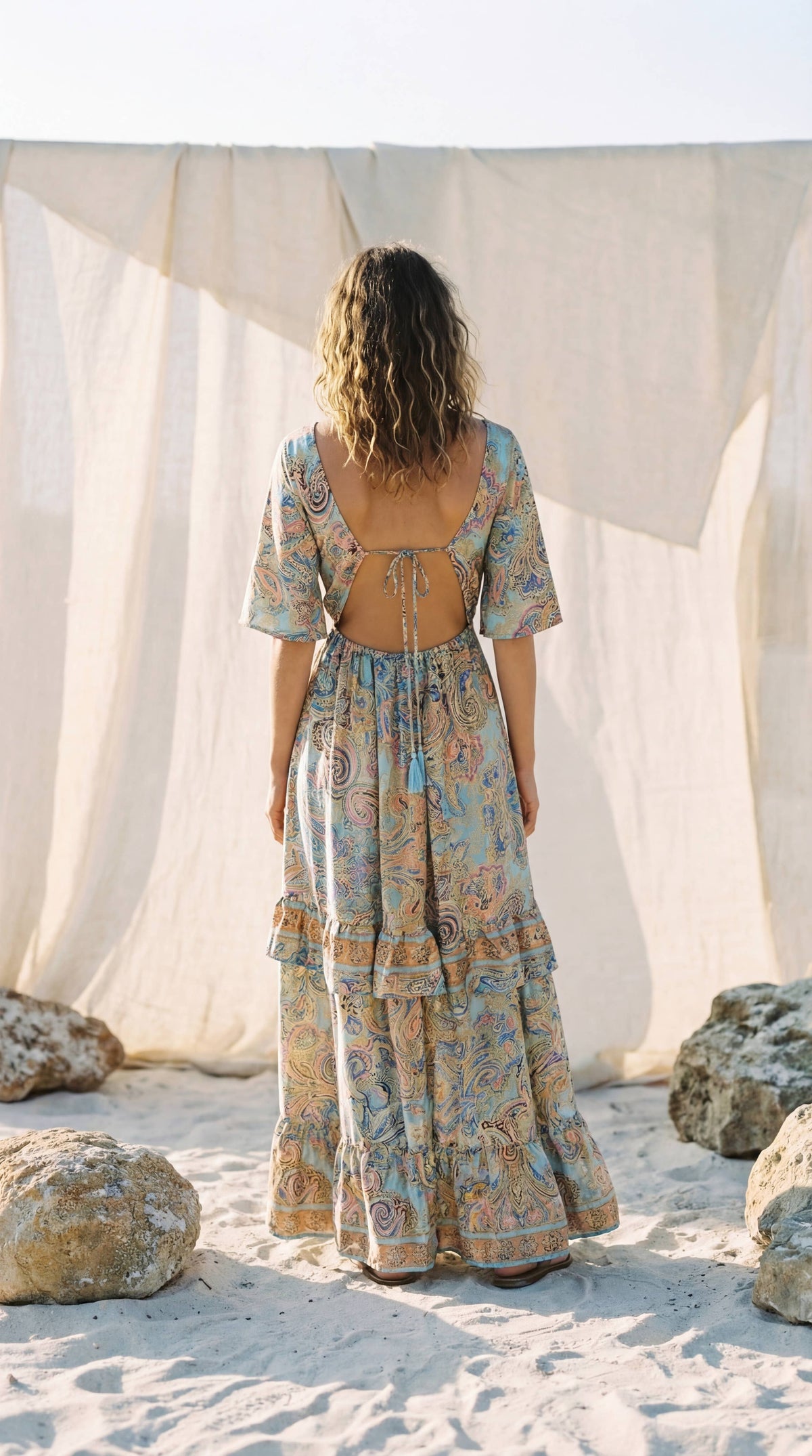 Boho Backless Summer Maxi Dress Romantic Paisley Gown