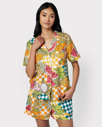 Chelsea Peers - Linen-Blend Fruit Checkerboard Print Short Pyjama Set