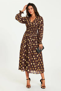 Gold Foil Long Sleeve Maxi Dress In Brown