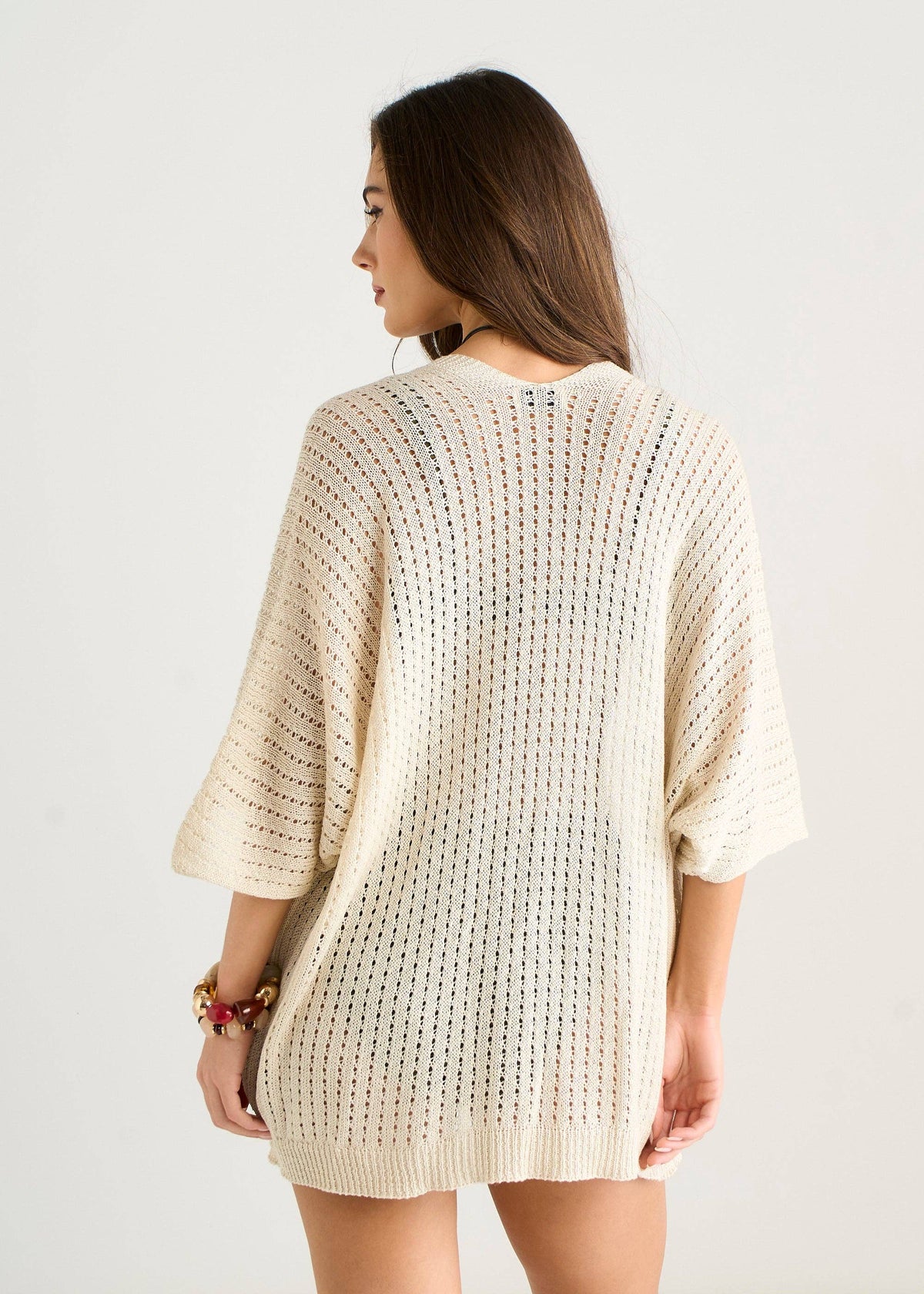 Beige Edge To Edge Knit Cardigan With Pockets