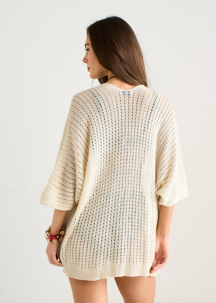 Beige Edge To Edge Knit Cardigan With Pockets