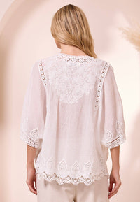 White Cotton Embroidered Blouse with Lace