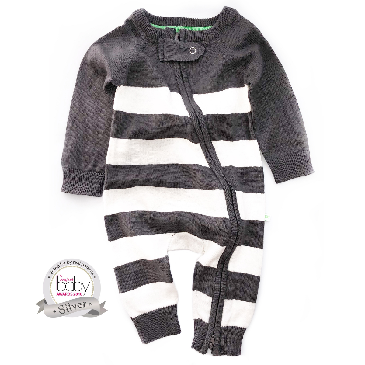 ZIPPYUP - Super Soft Charcoal Stripe Knitted Baby Onesie
