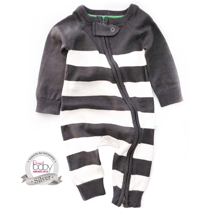 ZIPPYUP - Super Soft Charcoal Stripe Knitted Baby Onesie