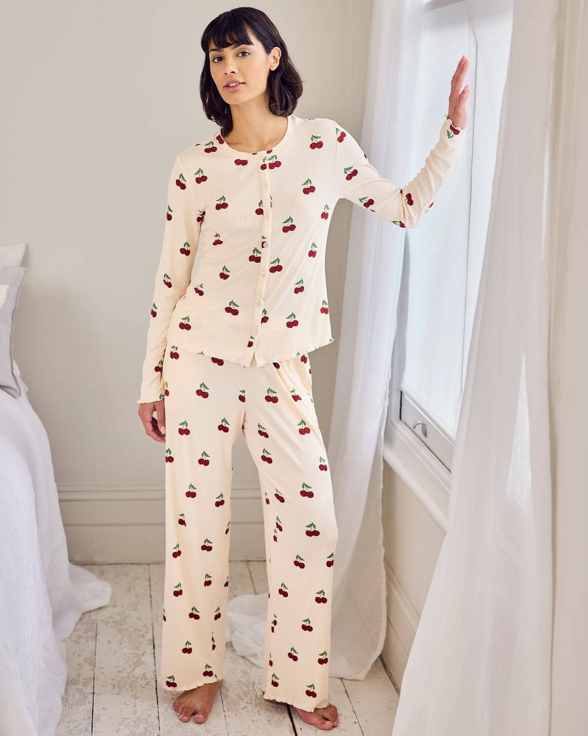 Cherry Print Cardigan Ribbed Long Pyjama Set
